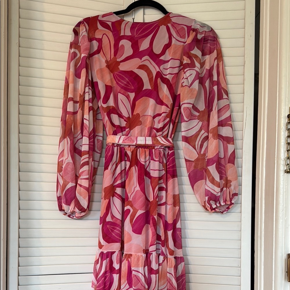 Pink and White Floral Wrap Gown with Bishop Sleeves - Picture 9 of 13